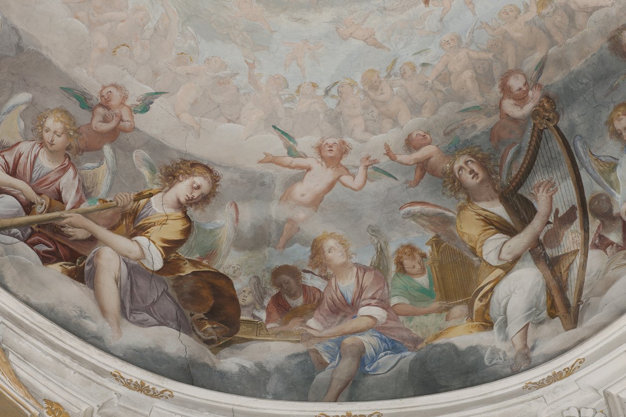 Änglar, musikeränglar och puttos, detalj av Paradiset med den evige Fadern, c.1623-34 (detalj av 3496185) av Isidoro Bianchi