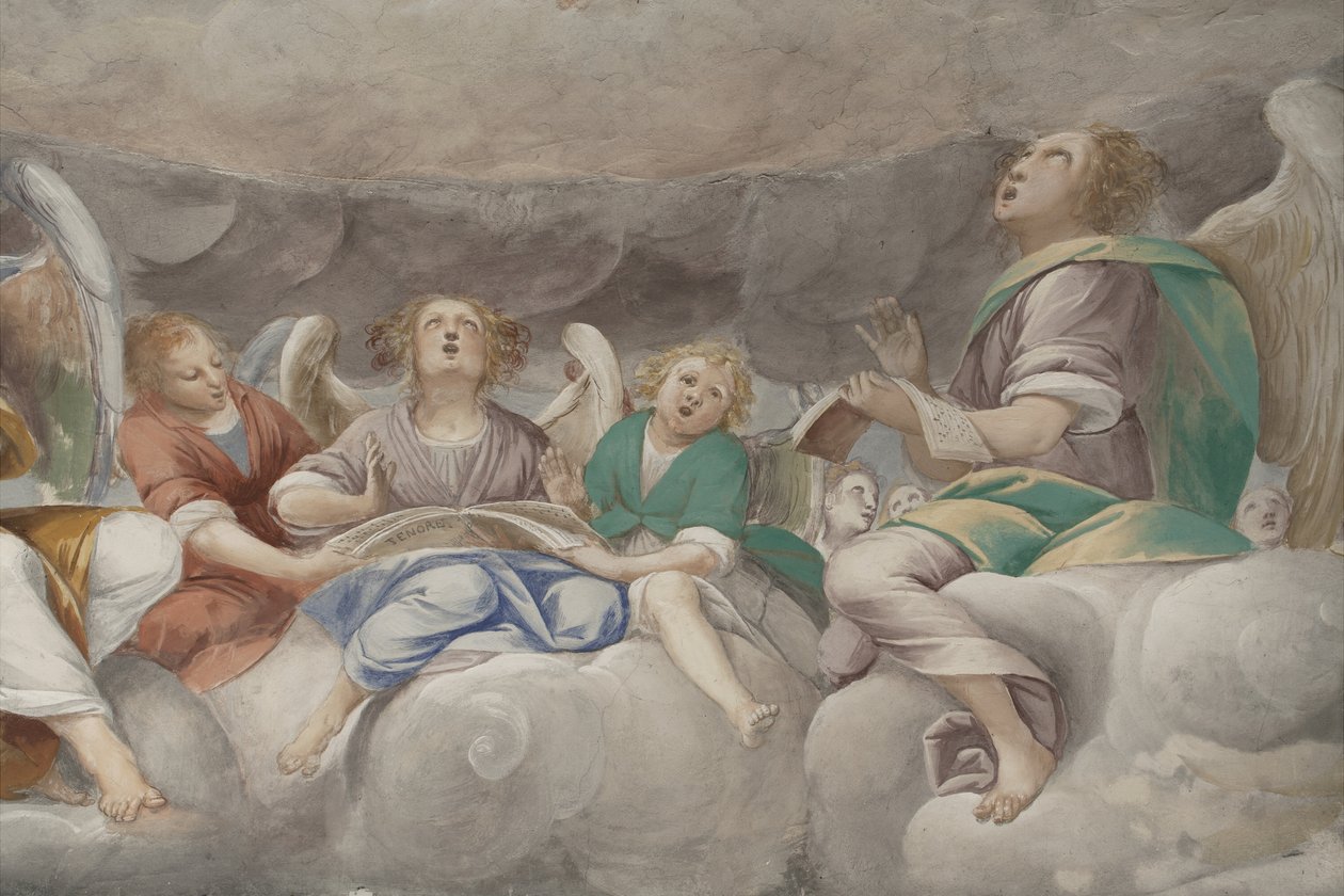 Änglar, musikeränglar och puttos, detalj av Paradiset med den evige Fadern, c.1623-34 (detalj av 3496185) av Isidoro Bianchi
