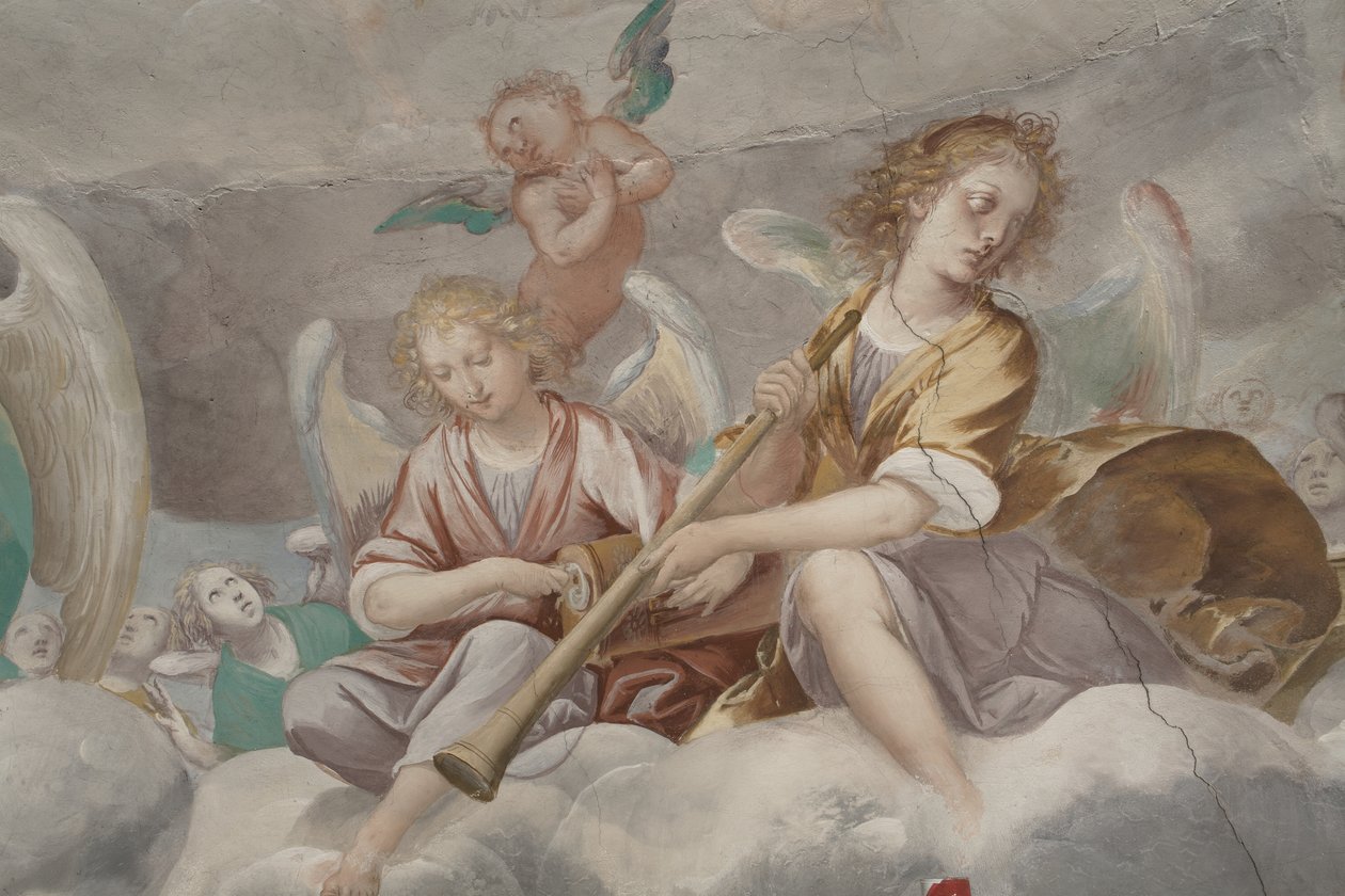 Änglar, musikeränglar och puttos, detalj av Paradiset med den evige Fadern, c.1623-34 (detalj av 3496185) av Isidoro Bianchi