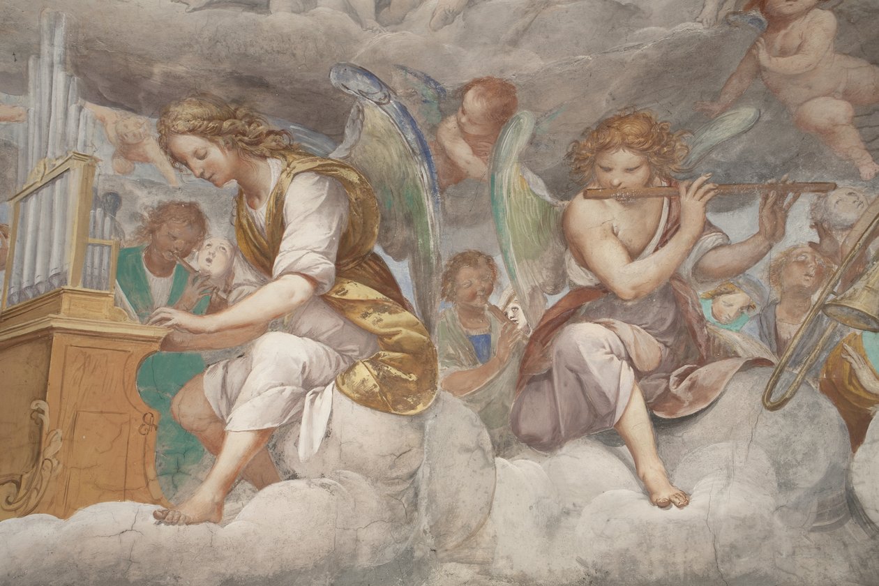 Änglar, musikeränglar och puttos, detalj av Paradiset med den evige Fadern, c.1623-34 (detalj av 3496185) av Isidoro Bianchi