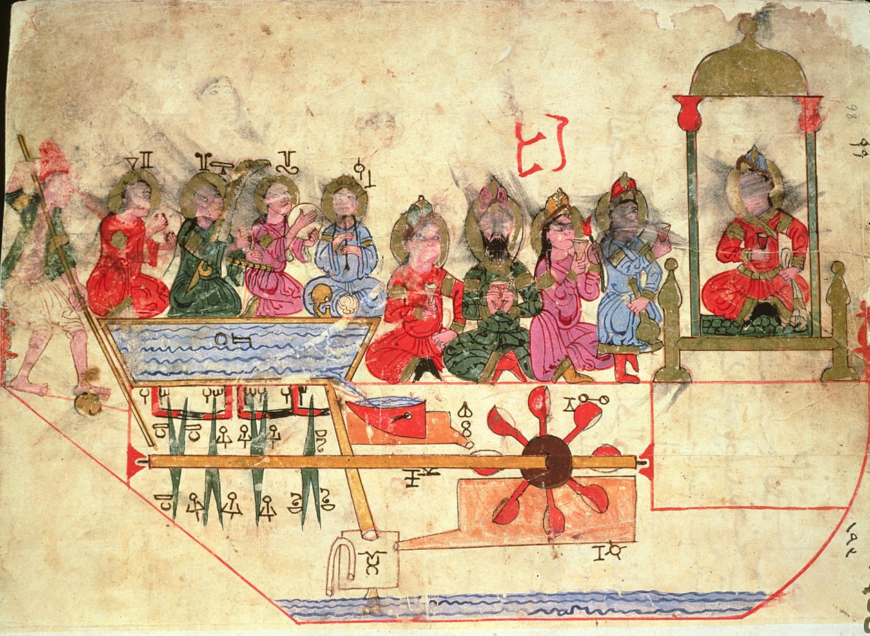 Båt med automat, illustration från "Book of Knowledge of Mechanical Devices" av Al-Djazari, 1206 av Islamic School