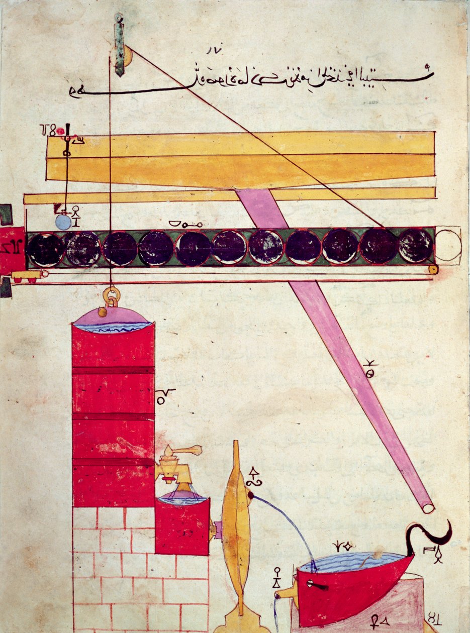 Enhet för att tillföra vatten till en fontän, från "Book of Knowledge of Genial Mechanical Devices" av Al-Djazari, 1206 av Islamic School