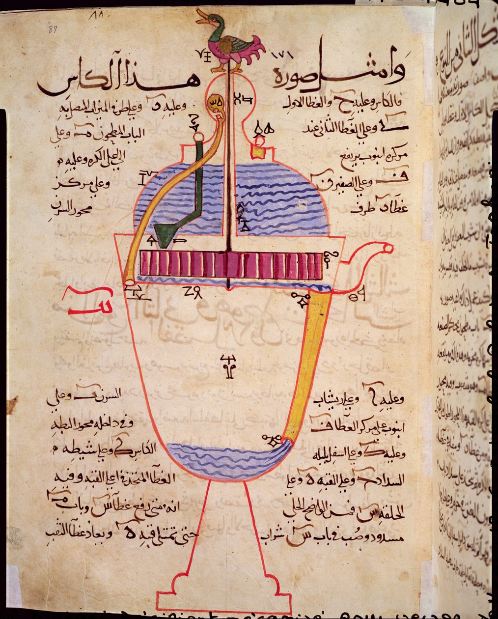 Mekanisk anordning för att hälla vatten, illustration från "Book of Knowledge of Ingenious Mechanical Devices", av Al-Djazari, 1206 av Islamic School