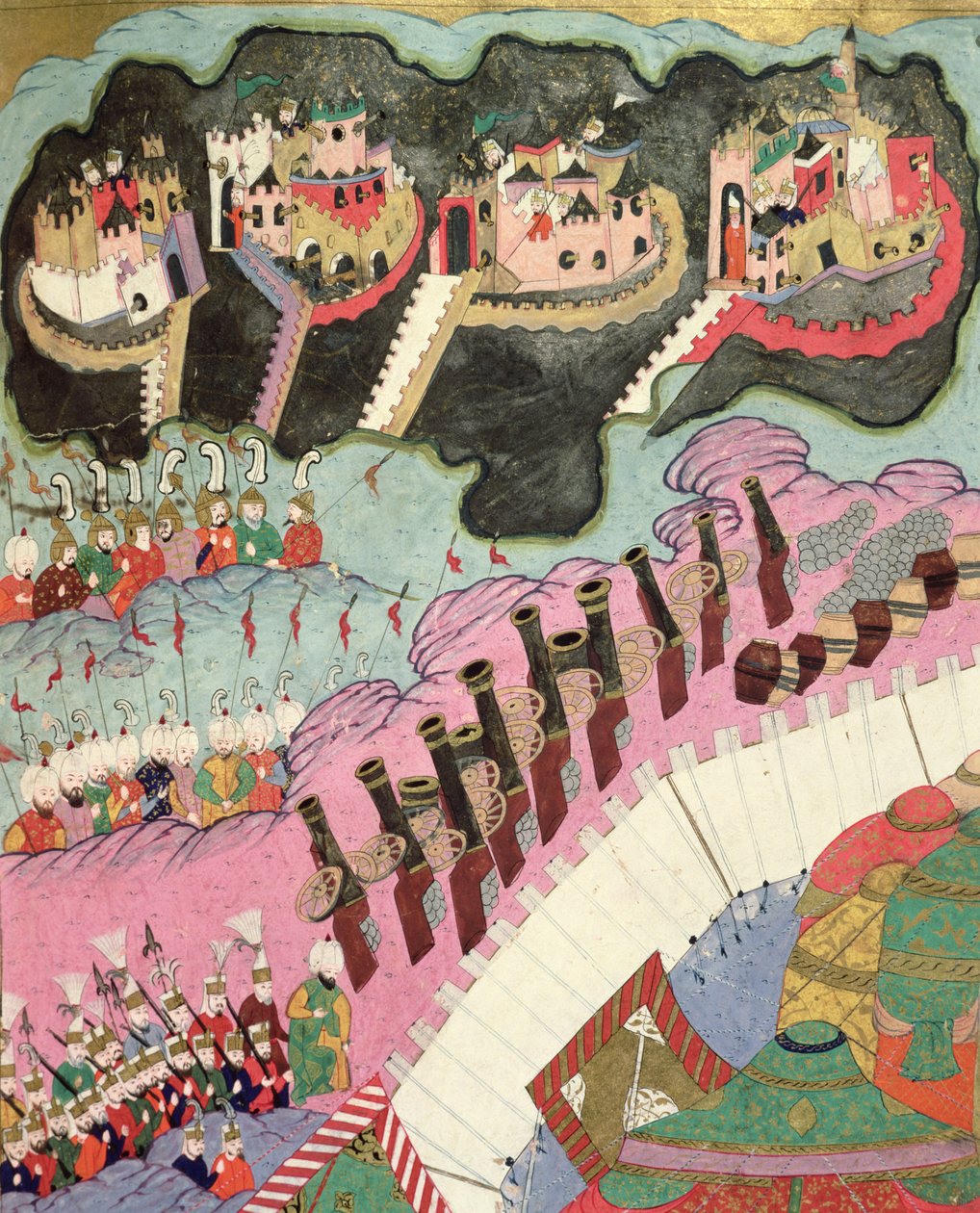 Belägring av en kristen fästning, detalj av artilleriet, illustration från "The Military Campaigns of Suleyman I (1494-1566) the Magnificent" (Hunername) av Lokman av Islamic School