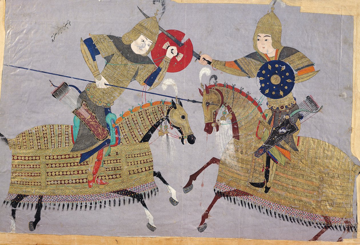 Två krigare till häst i strid, School of Tabriz, c.1480 av Islamic School