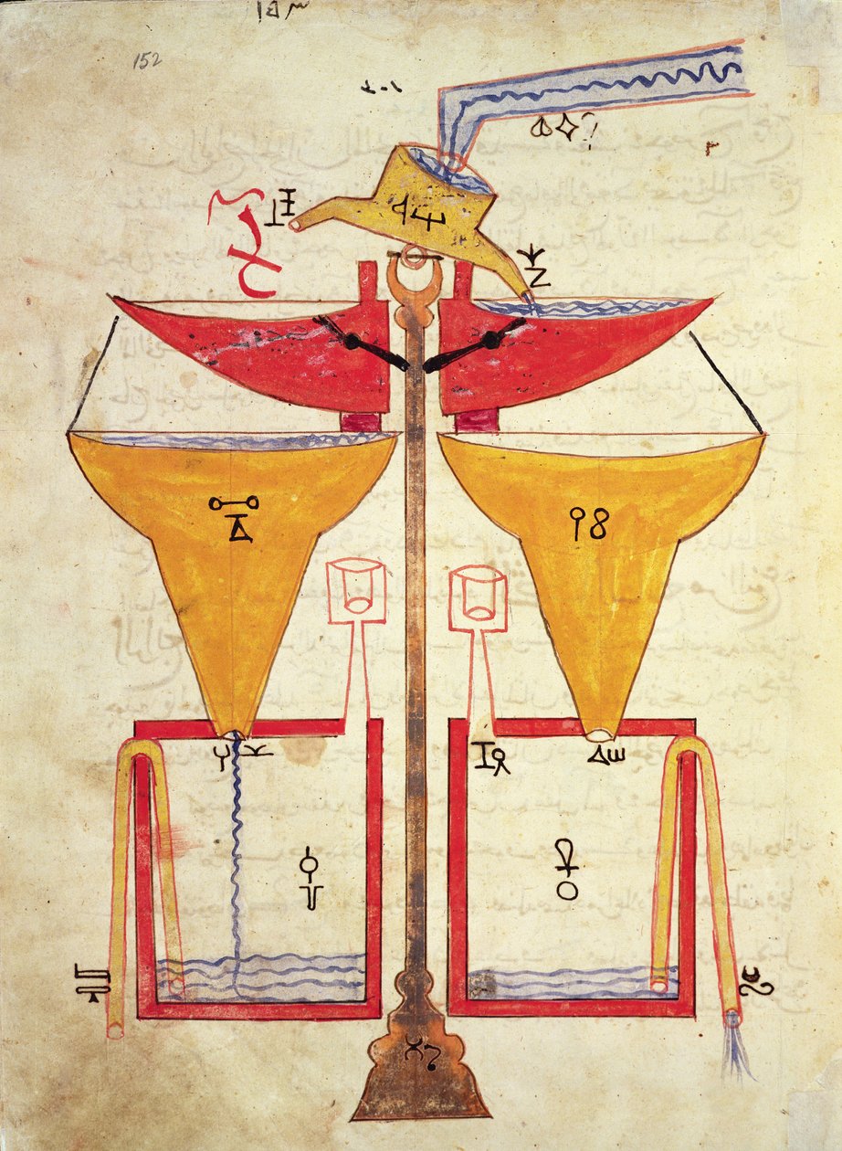 Vattenbalans, från "Book of Knowledge of Genial Mechanical Devices" av Al-Djazari, 1206 av Islamic School