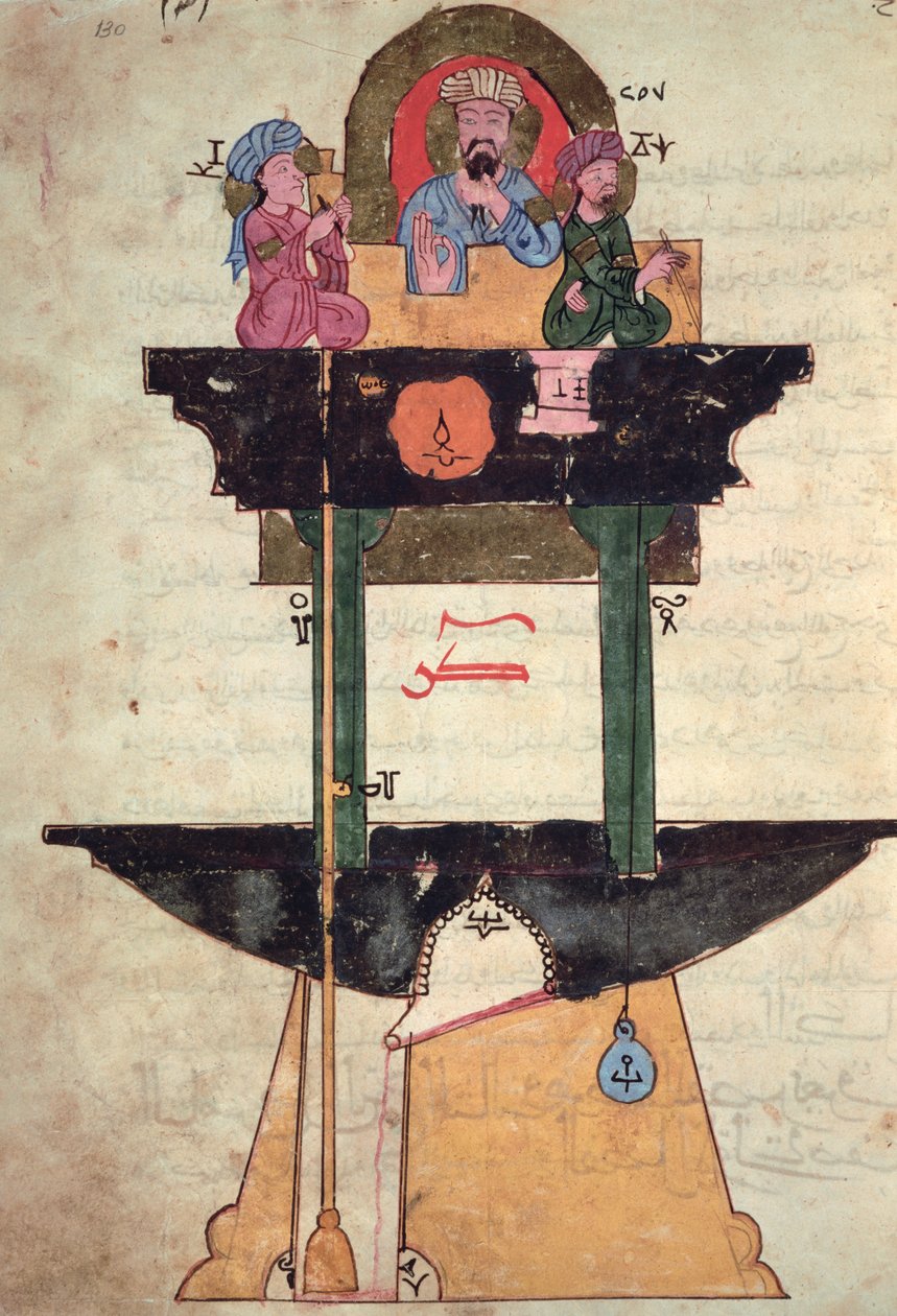 Vattenklocka med automatiserade figurer, från "Book of Knowledge of Genial Mechanical Devices" av Al-Djazari, 1206 av Islamic School