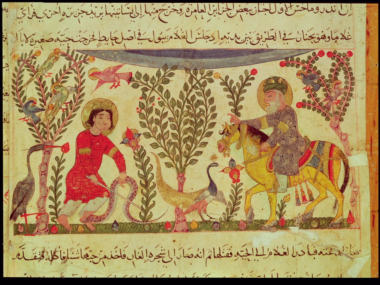 En läkare som ger hjälp till en man biten av en orm, manuskript från en avhandling av Dioscoride, 1200-talet av Islamic School