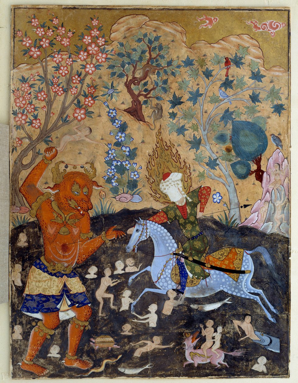 Art Islam: Page of a falnama: Iman Reza kämpar mot en Div av Islamic School