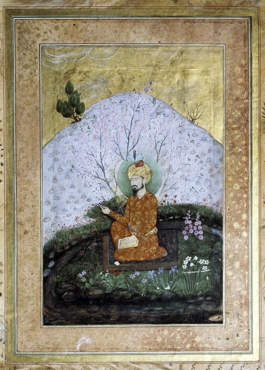 BABUR Zahir al-Din Muhammad (1483-1530): Mughal-miniatyr från 1600-talet av Islamic School
