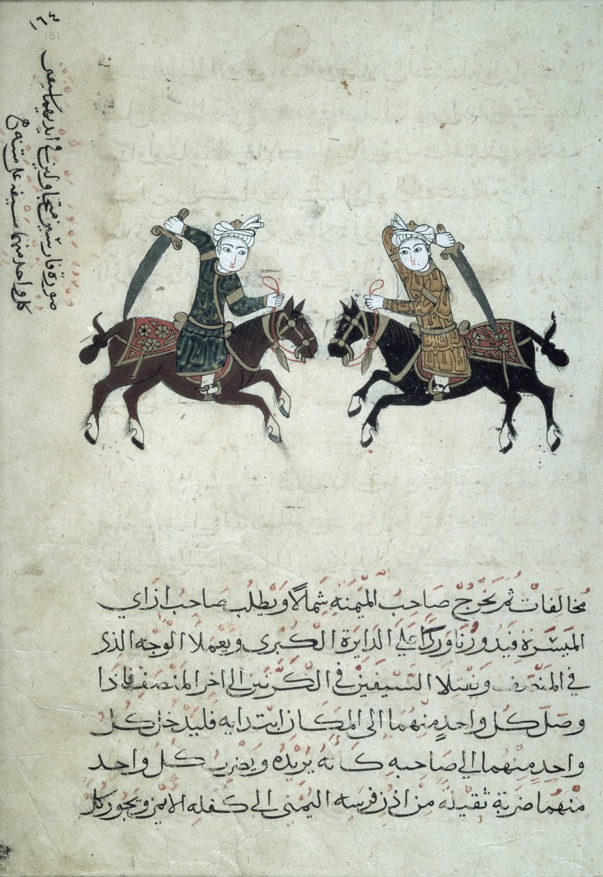 CBL Ar 5655.161 Two Swordsmen, illustration från en kopia av Nihayat al-Sul wa al-Umniya fi Taallum Amal al-Furusiyya, eller A Compendium of Military Arts, från Egypten, 1366 av Islamic School