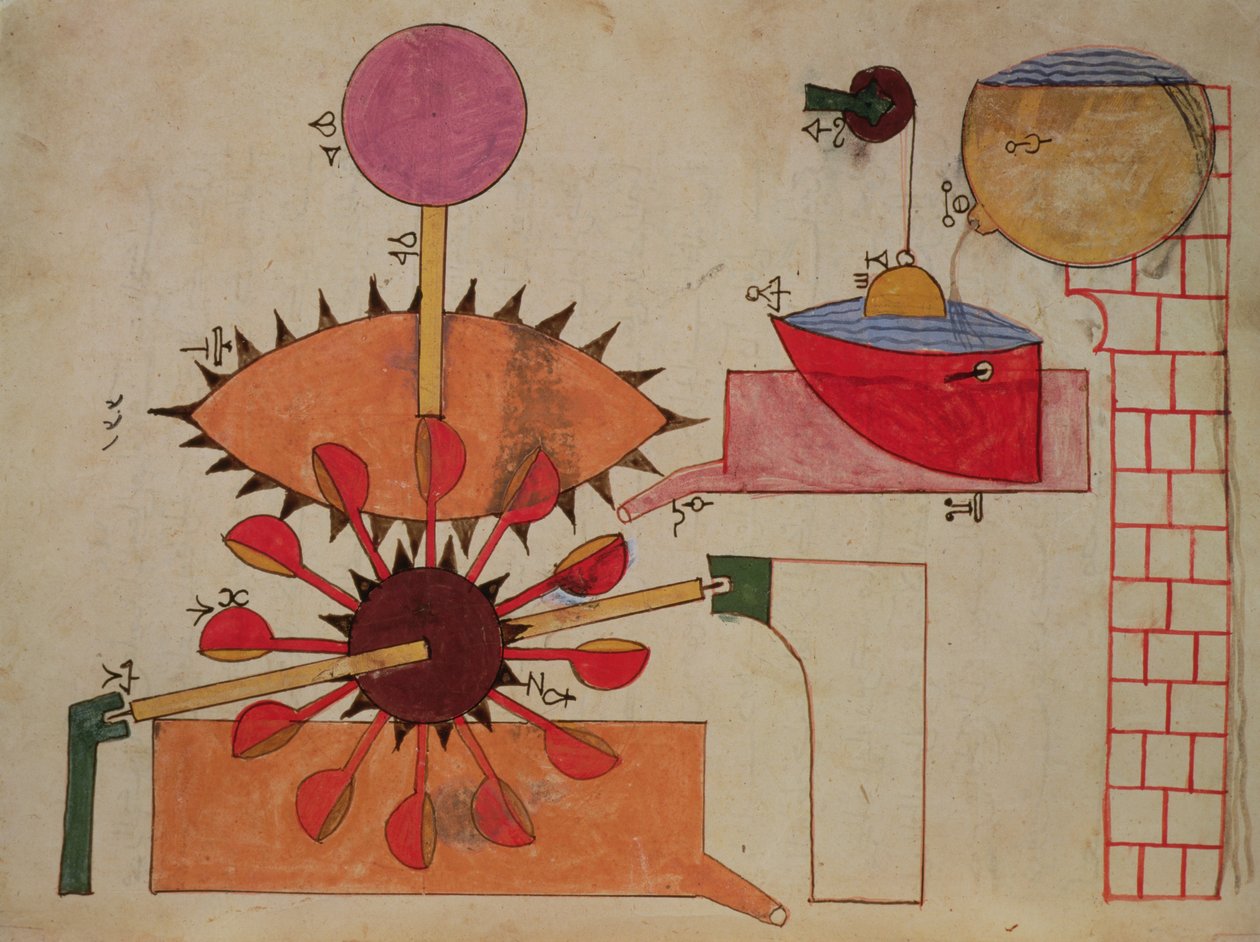 Diagram över ett system för att pumpa vatten in i en bassäng, från Book of Knowledge of Genial Mechanical Devices av Al-Jazari, 1206 av Islamic School
