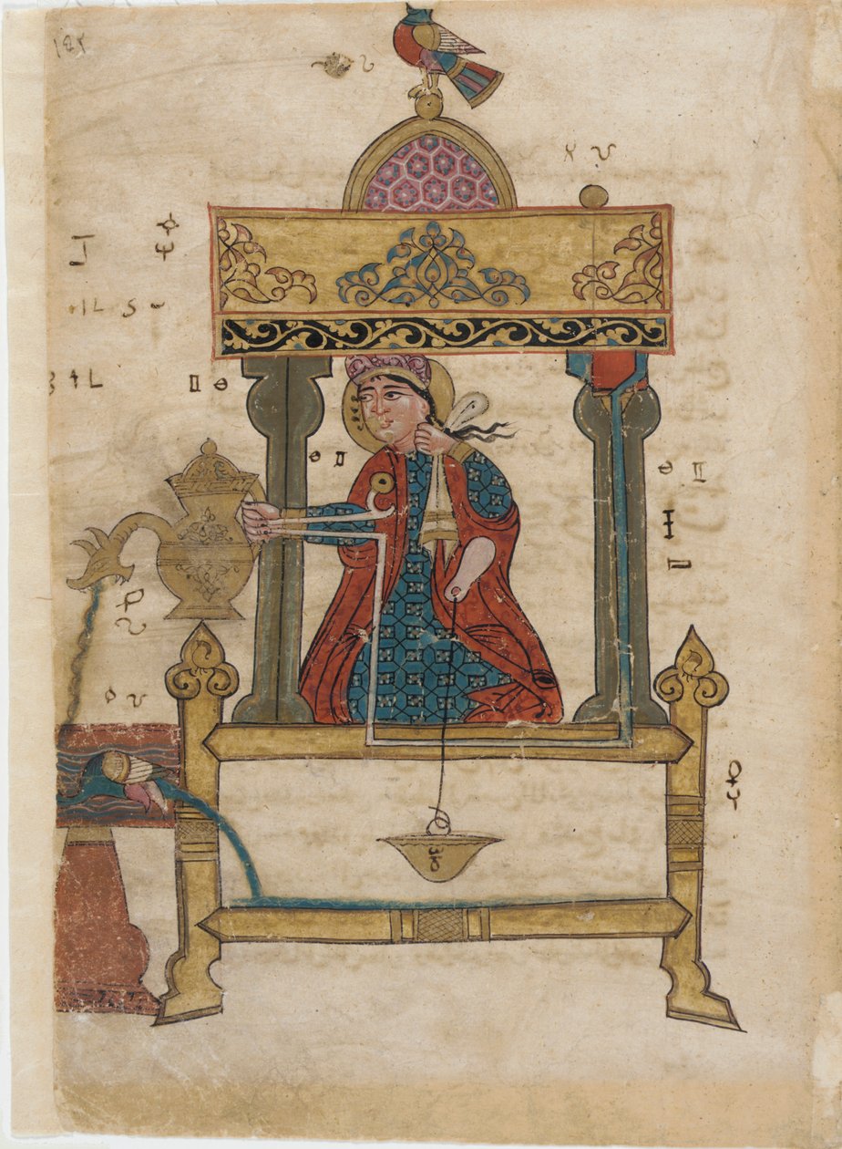 Handtvättautomat med spolmekanism, folio från The Book of Genial Mechanical Devices; av Al-Djazari, 1315 (ogenomskinlig wc, bläck och guld på papper) av Islamic School