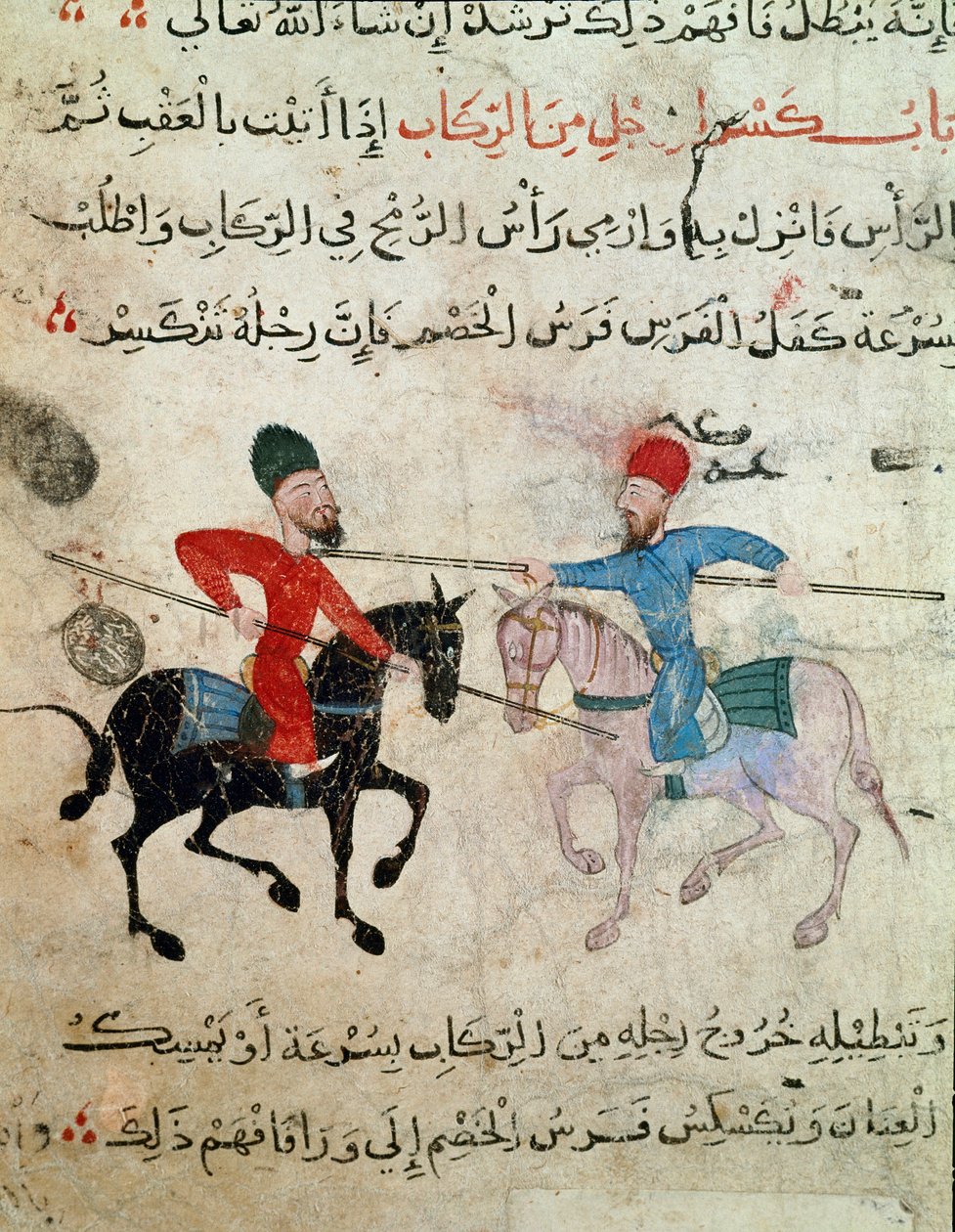 Islamisk konst: Ritning på pergament från Fatimidperioden (10-1000-talet) - Scen för duell mellan två ryttare - Målning på papyrus - Kairo, Museum of Islamic Art av Islamic School