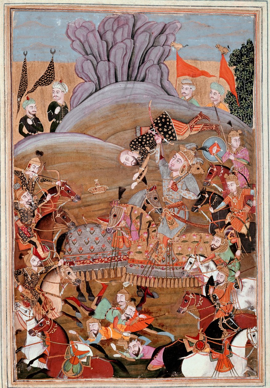 Islamisk konst: "" Rustams första kamp mot Afrasiab"" persisk miniatyr från ett manuskript av den episka dikten "" Shahnameh""" (Shah Nama, Shahnama) (Kungarnas bok) av Ferdowsi (Firdawsi, eller Ferdawsi, eller Firdousi, ca. . 940-runt 1020) (ms. 607) Chan av Islamic School