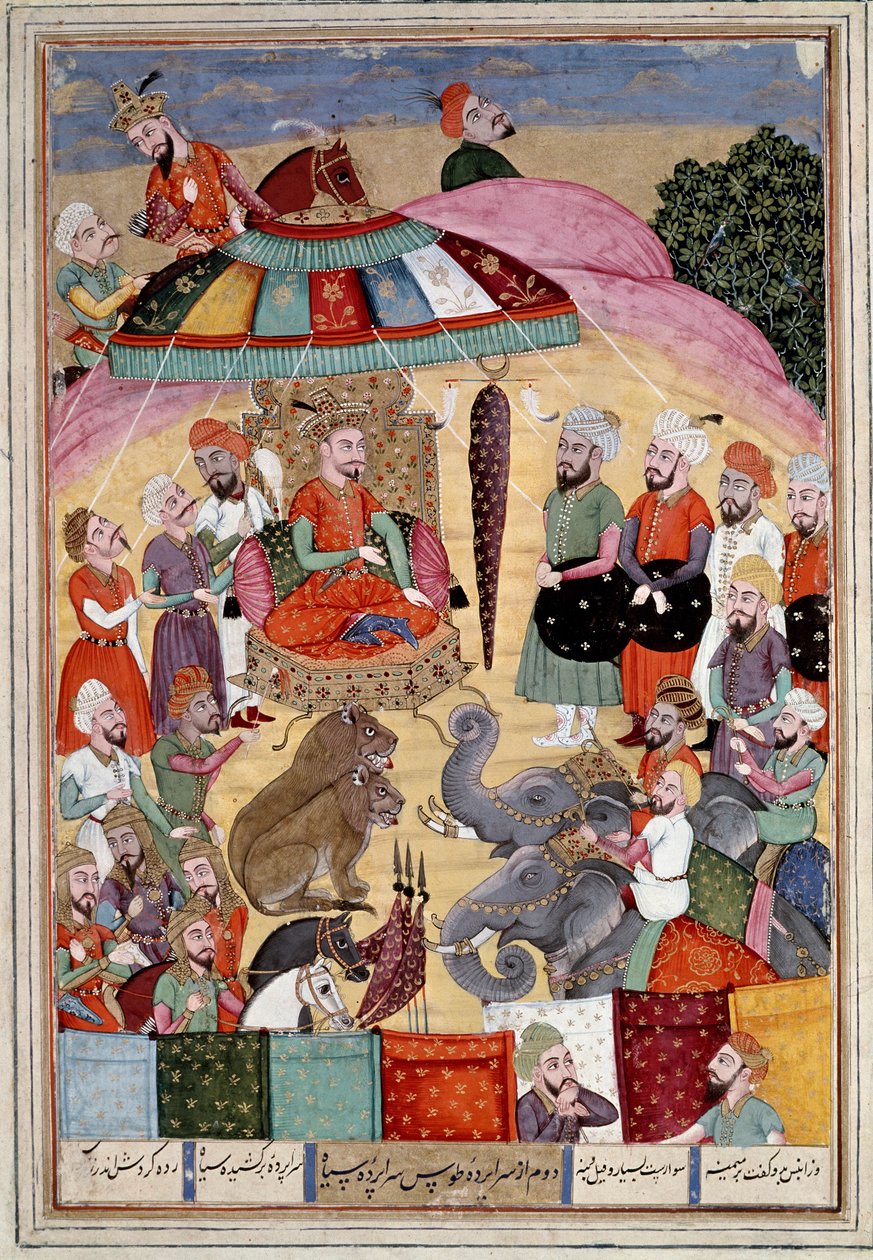 Islamisk konst: "" Sohrab (Saharab) framför kungens tält"" Persisk miniatyr från ett manuskript av den episka dikten "" Shahnameh"" (Shah Nama, Shahnama) (Kungarnas bok) av Ferdowsi (Firdawsi eller Ferdawsi, eller Firdousi, ca 940-cirka 1020) (ms. 607) Cha av Islamic School