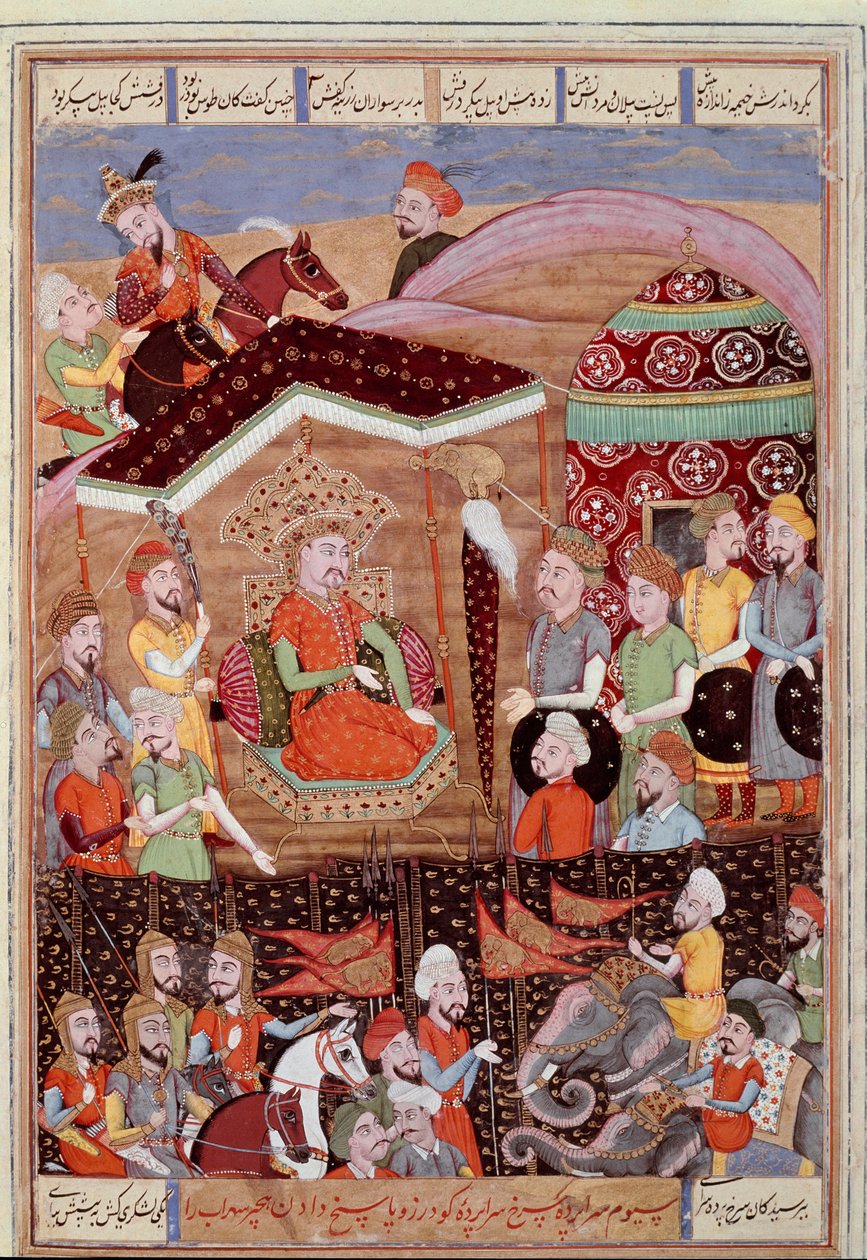 Islamisk konst: "" Sohrab (Saharab) tittar på det svarta tältet för ledarna för den persiska armén""" Persisk miniatyr från ett manuskript av den episka dikten "" Shahnameh""" (Shah Nama, Shahnama) (Kungarnas bok) av Ferdowsi (Firdawsi, eller Ferdawsi, ell av Islamic School