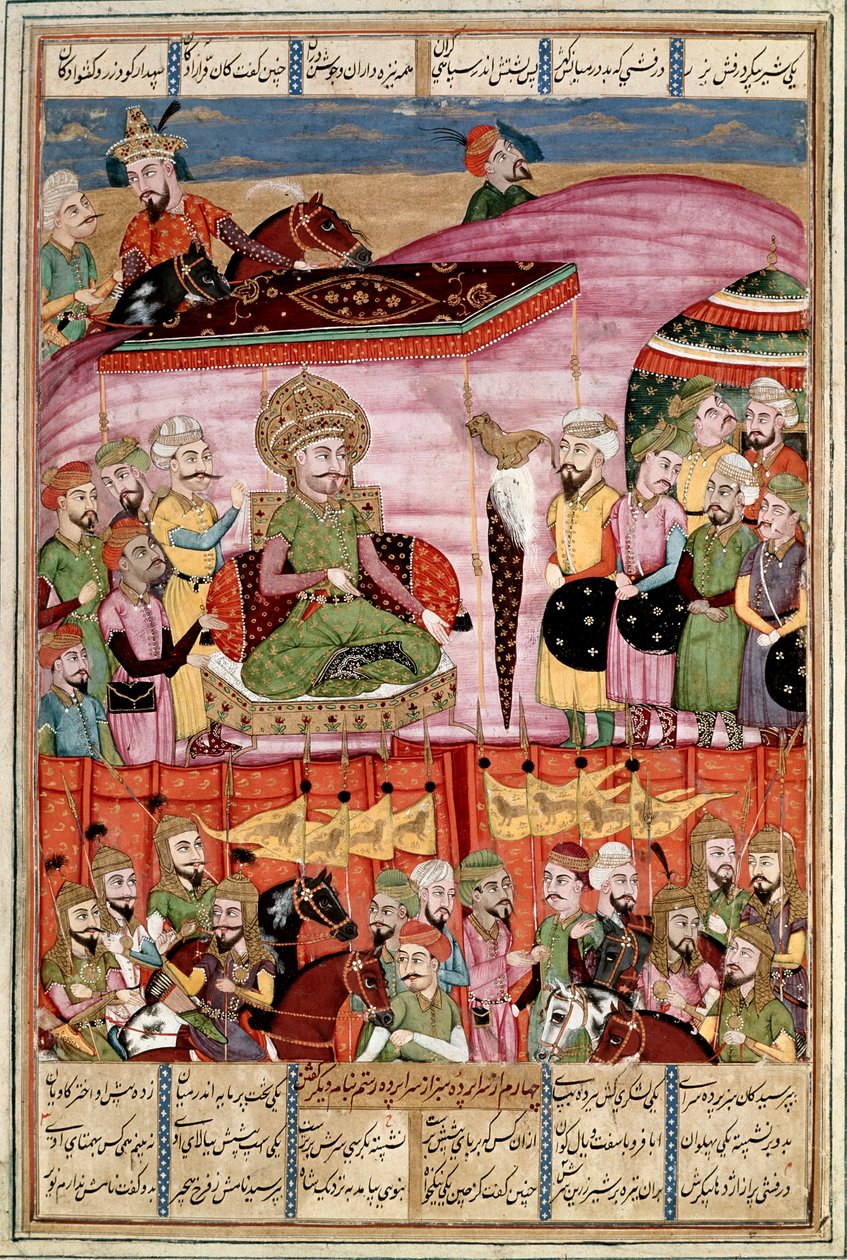 Islamisk konst: "" Sohrab (Saharab) står vid Roustams tält""" Persisk miniatyr från ett manuskript av den episka dikten "" Shahnameh"" (Shah Nama, Shahnama) (Kungarnas bok) av Ferdowsi (Firdawsi eller Ferdawsi) , eller Firdousi, ca 940-cirka 1020) (ms. 607 av Islamic School