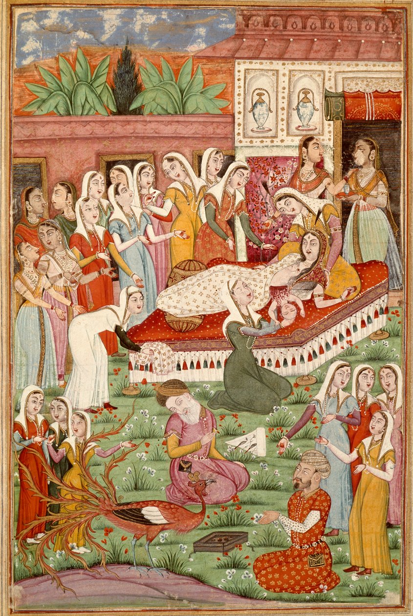 Islamisk konst: "" The Birth by Cesarian of Roustam""" persisk miniatyr från ett manuskript av den episka dikten "" Shahnameh"" (Shah Nama, Shahnama) (Kungarnas bok) av Ferdowsi (Firdawsi, eller Ferdawsi, eller Firdousi, ca 940-runt 1020) (ms. 607) Chantil av Islamic School