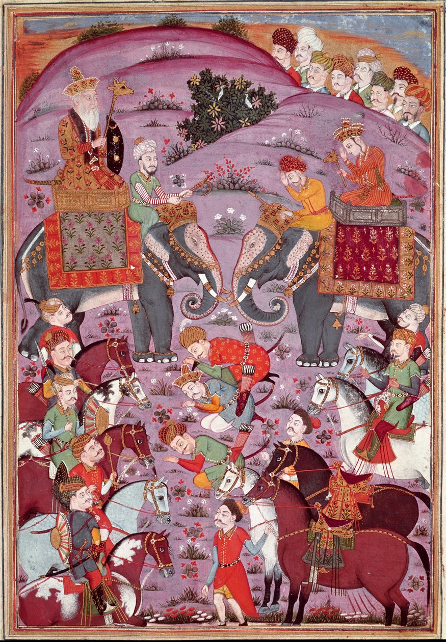 Islamisk konst: "" Det första mötet mellan Roustam och hans Aieul Sam"" persisk miniatyr från ett manuskript av den episka dikten "" Shahnameh"" (Shah Nama, Shahnama) (Kungarnas bok) av Ferdowsi (Firdawsi eller Ferdawsi, eller Firdousi, ca 940-cirka 1020)  av Islamic School