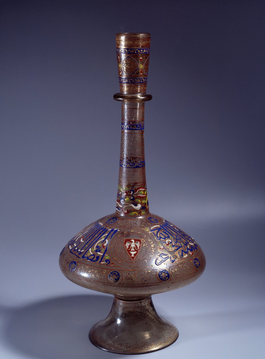 Islamisk konst: flaskan har länge enamed glashals av vice kung Tuquztemur. 1345 ca.. från Egypten eller Syrien. Dämpa. 50 cm. Paris, Louvren av Islamic School