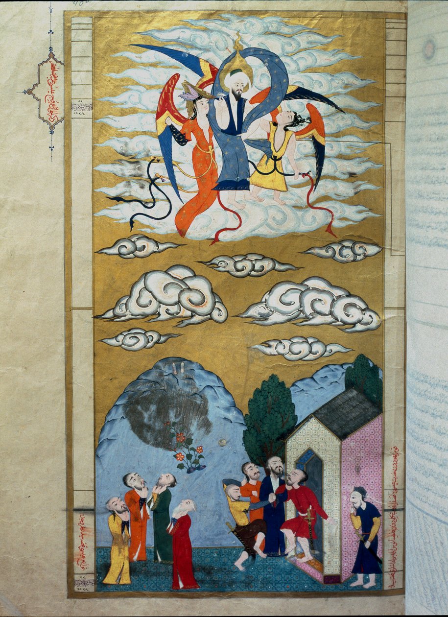 Islamisk representation av profeten Isas himmelsfärd (Isa ibn Marym: Jesus) Miniatyr från manuskriptet "Zubdat al Tawarikh" (Grädde eller berättelsernas fina blomma) av historikern Seyyyid Loqman (Lokman) Ashuri av Islamic School