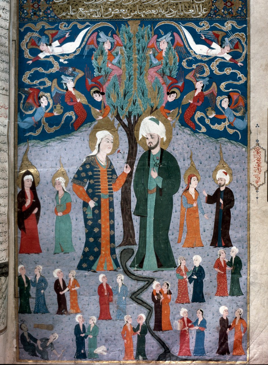 Islamisk representation av Adam och Eva miniatyr från manuskriptet "Zubdat al Tawarikh" (Zubdat al Tawarikh) (Creme of Stories) av historikern Seyyid Loqman Ashuri 1538. Turkiskt och islamiskt konstmuseum Istanbul av Islamic School