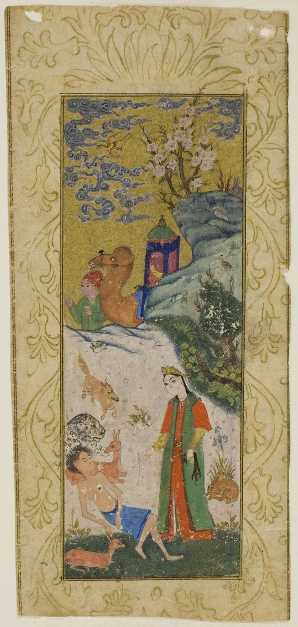 Layla besöker Majnun i öknen, sida från en kopia av Khamsa of Nizami av Islamic School