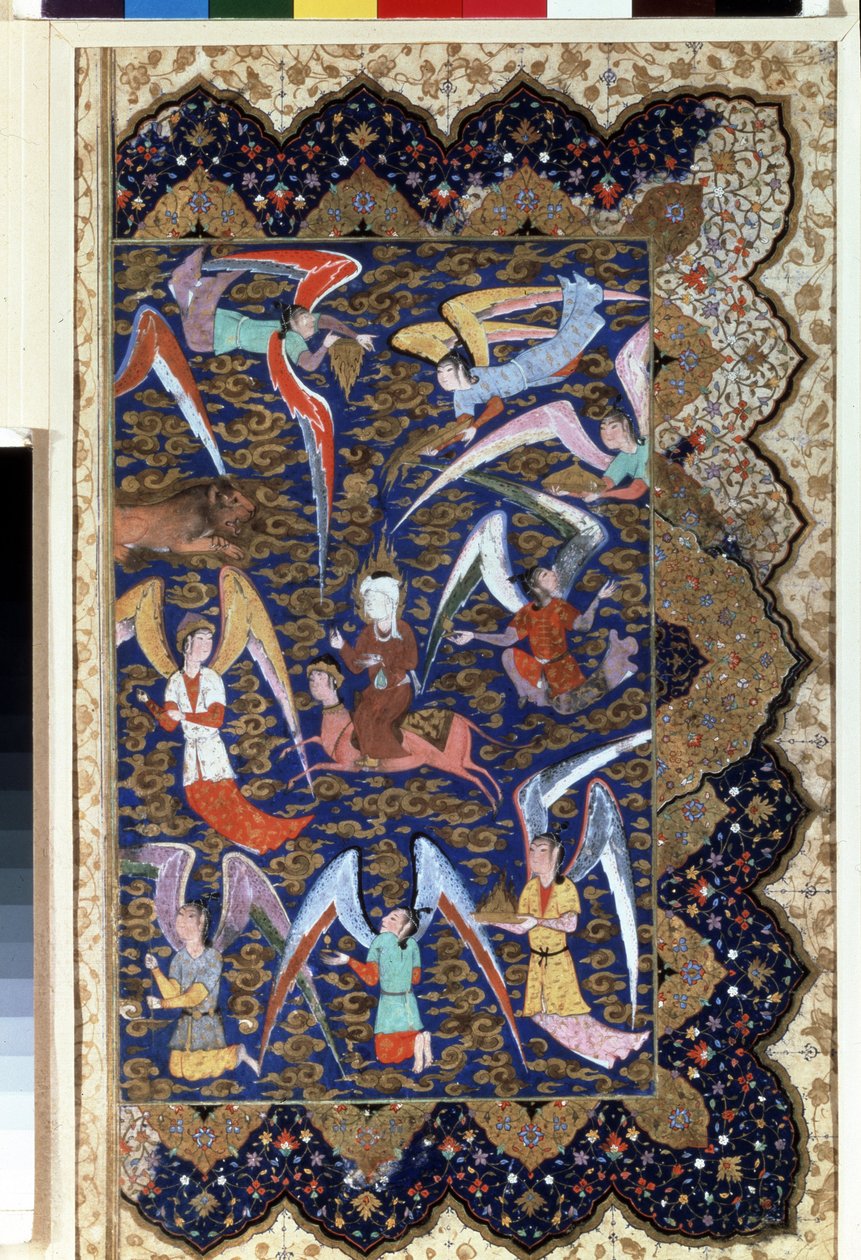 ""Profeten Muhammed (Mohammed eller Muhammad) (570-632) (täckt ansikte) under miraket, hans uppstigning till sjunde himlen på sin häst Al - Bouraq (Burak) (Al - Buraq)"" Akvarell på pergament. 1500-talet. Eremitagemuseet, Sankt Petersburg av Islamic School