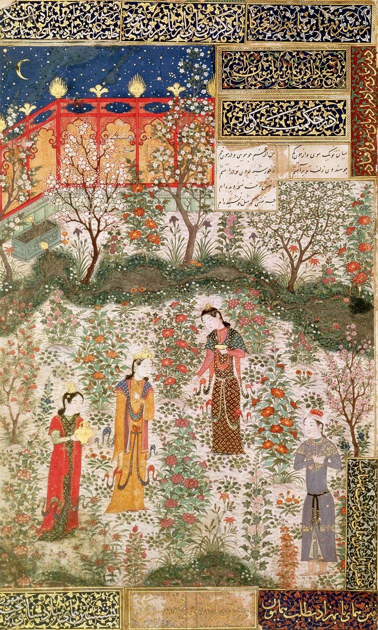Den persiske prinsen Humay möter den kinesiska prinsessan Humayun i en trädgård, ca 1450 av Islamic School