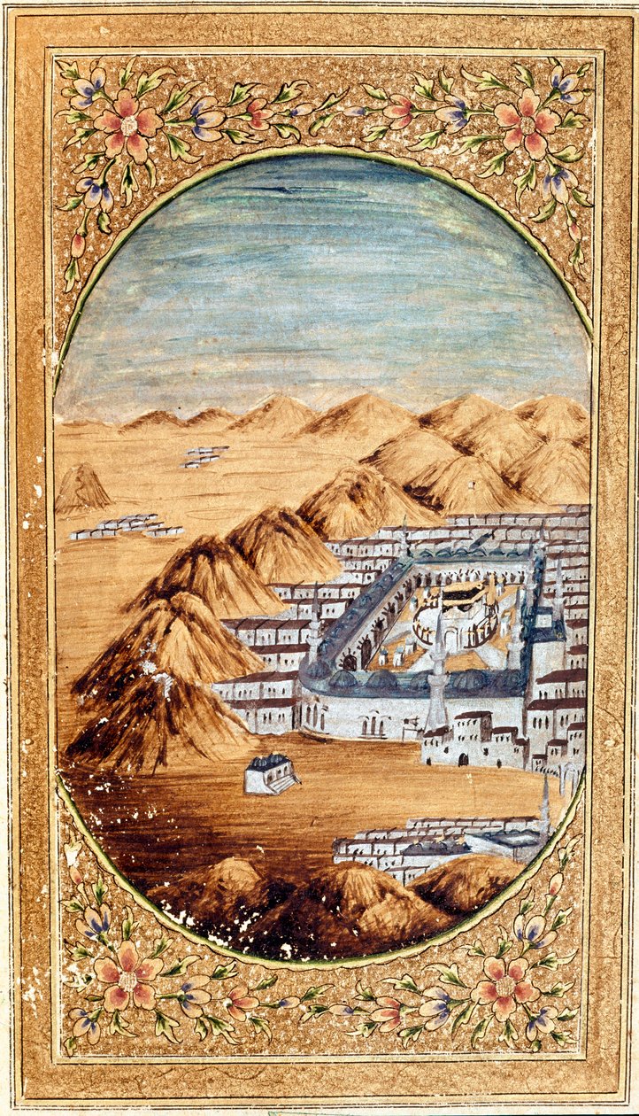 Utsikt över Mecka (La Mekke), muslimsk pilgrimsfärd och slätterna vid berget Arafat (Arafah), Saudiarabien. Sidan hämtad från en upplaga av Koranen av Islamic School