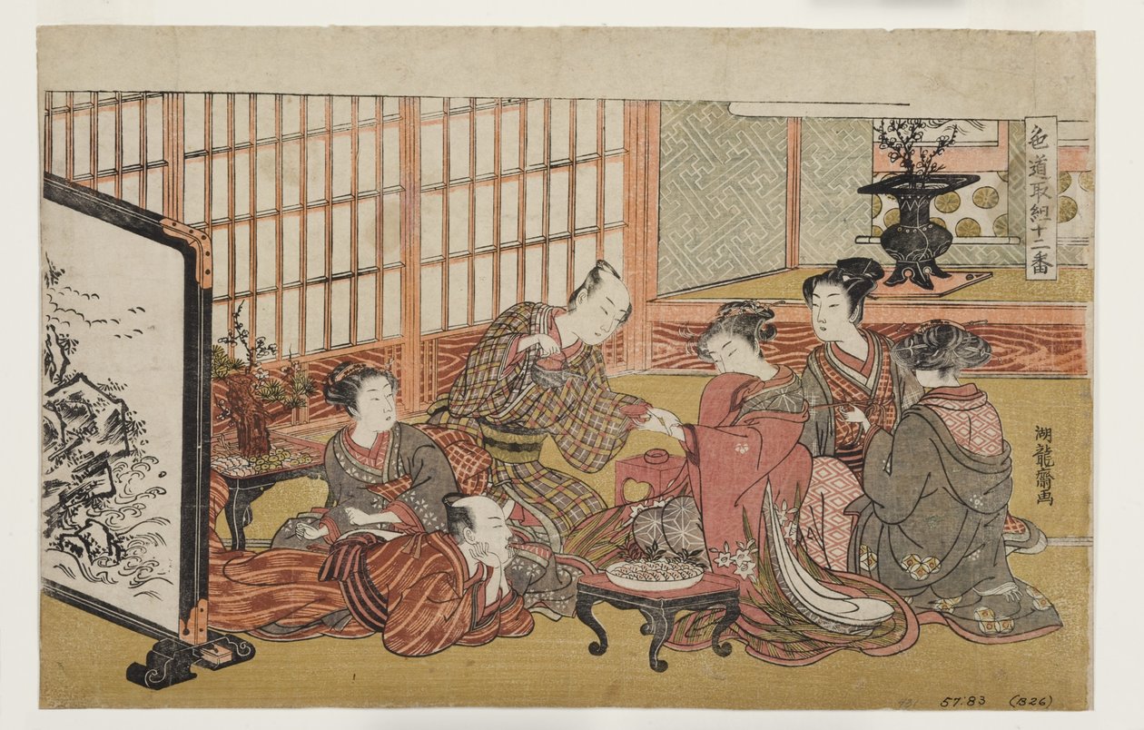 Bankett i ett rikt hushåll, 1770-74 (träkloss) av Isoda Koryusai