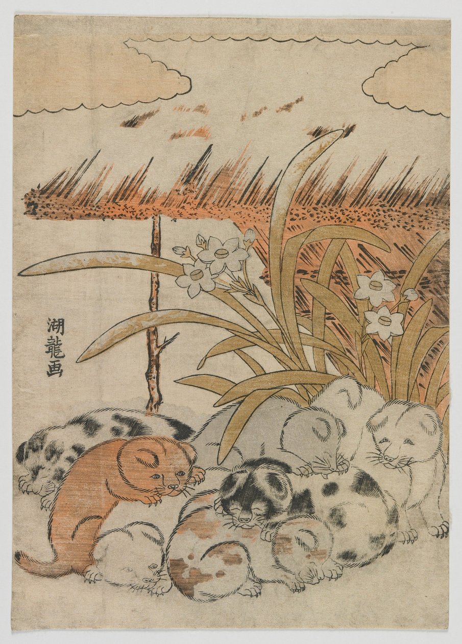 Valpar i snön, Edo-perioden, 1778 (trätryck i färg) av Isoda Koryusai