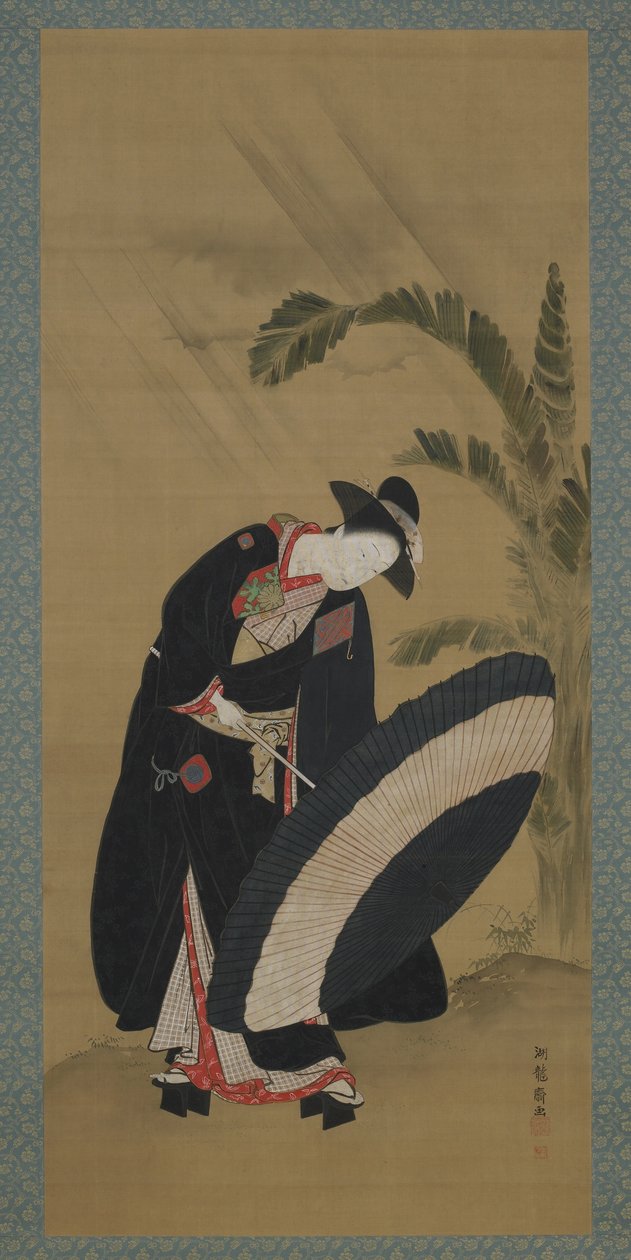 Sommar: en ung kvinna sätter upp ett paraply, Edo-period, ca 1772-80 (färg och guld på siden) av Isoda Koryusai