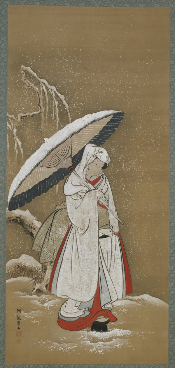 Vinter: en ung kvinna som går i snön, Edo-perioden, ca 1772-80 (färg och guld på siden) av Isoda Koryusai