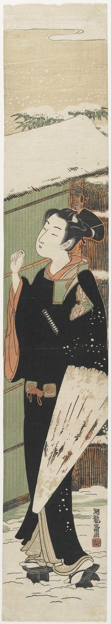 Ung man vid en port som mitat från kabukispelet Kvinnors version av träd i kruka, 1770-1775 av Isoda Koryusai