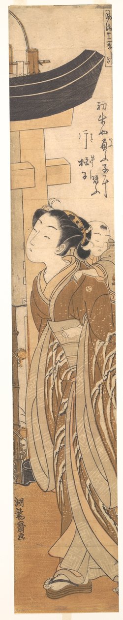 Eine Frau mit einem Kind auf dem Rücken nahe dem Eingang zu einem Tempel av Isoda Koryusai