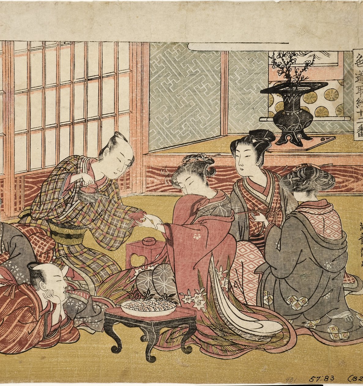 Bankett i ett rikt hushåll, 1770-74 (träkloss) av Isoda Koryusai