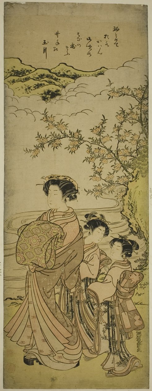 Courtesan och två skötare paradera vid en ström av Isoda Koryusai