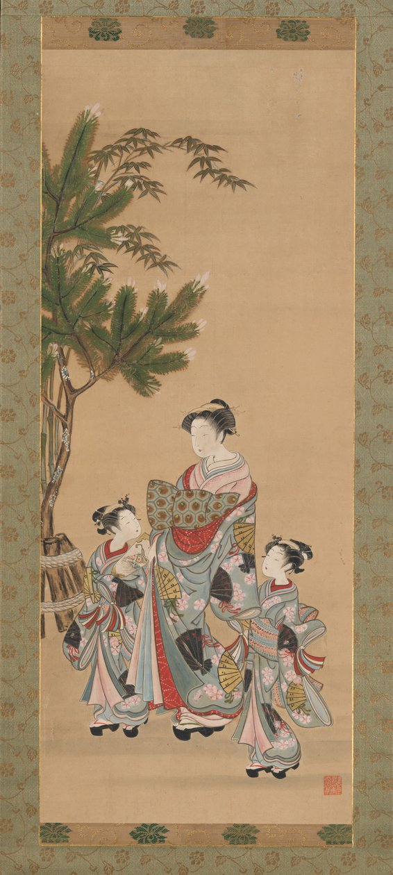 Kurtisan och två skötare på nyårsdagen, ca. 1780-talet. av Isoda Koryusai