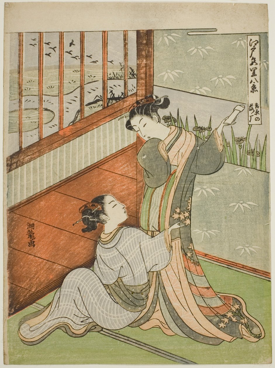Gäss nedstigande vid Yoshiwara (Yoshiwara no rakugan), från serien "Eight Views of the Edo Pleasure Quarters (Edo irozato hakkei)" av Isoda Koryusai
