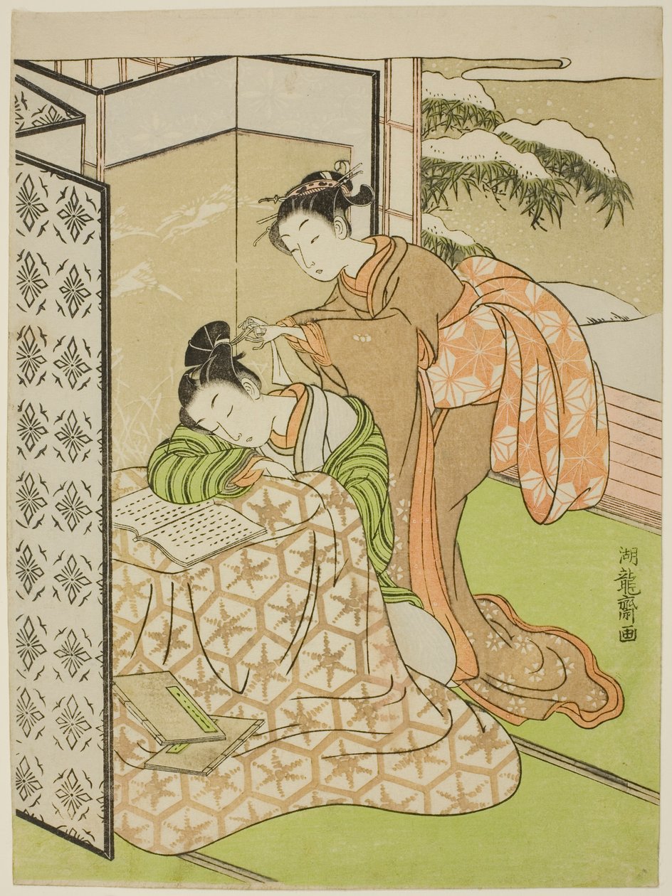Tjej som spelar ett spratt med en ung man som sover av Isoda Koryusai