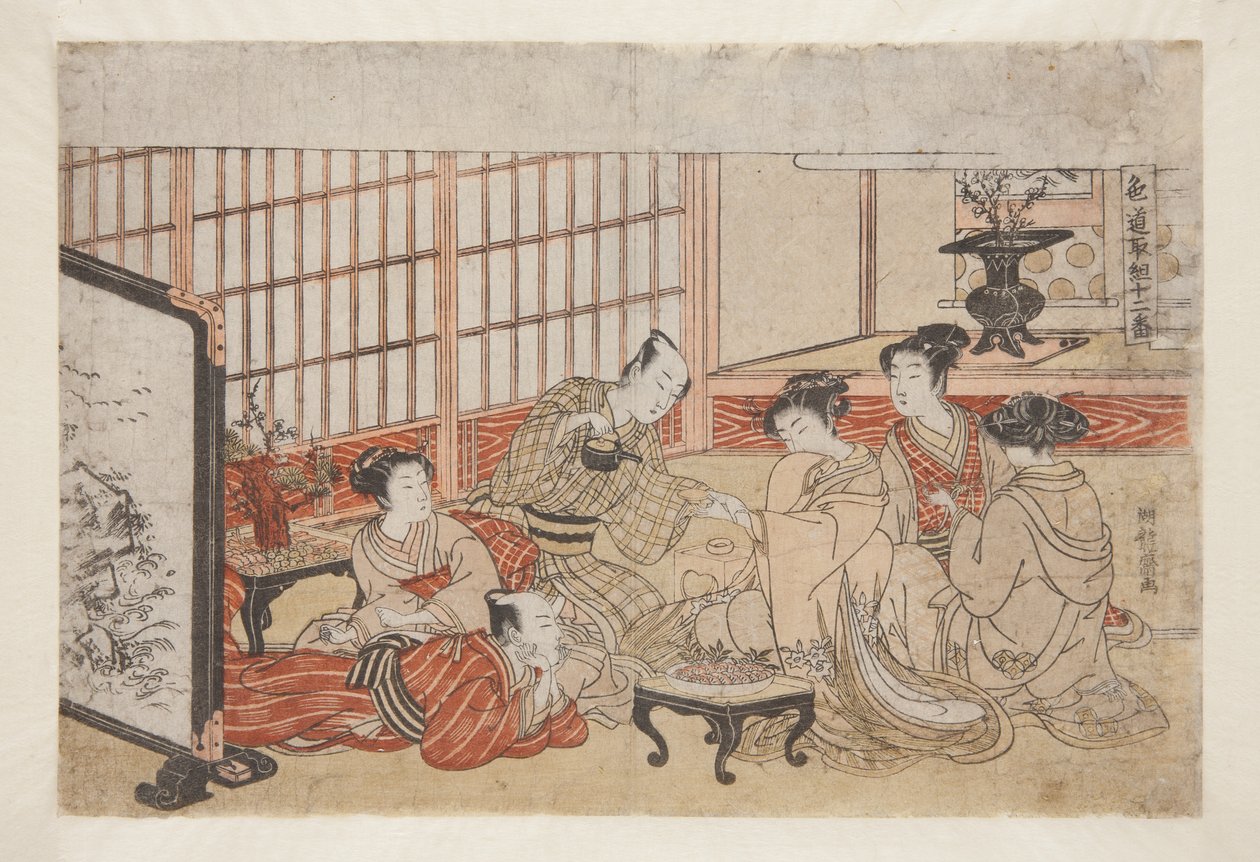 Nr 1, A Party in the Yoshiwara (trätryck i färg) av Isoda Koryusai