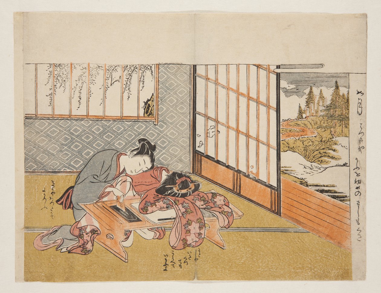 Prosperous Flowers of the Elegant Twelve Months (Furyu juniki no eiga) (träblockstryck i färg) av Isoda Koryusai