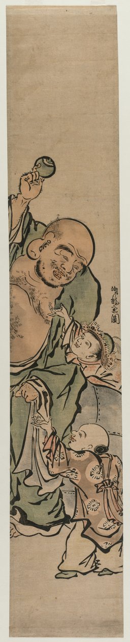 Två barn som tigger Hotei om en juvel, ca. 1770-talet. av Isoda Koryusai