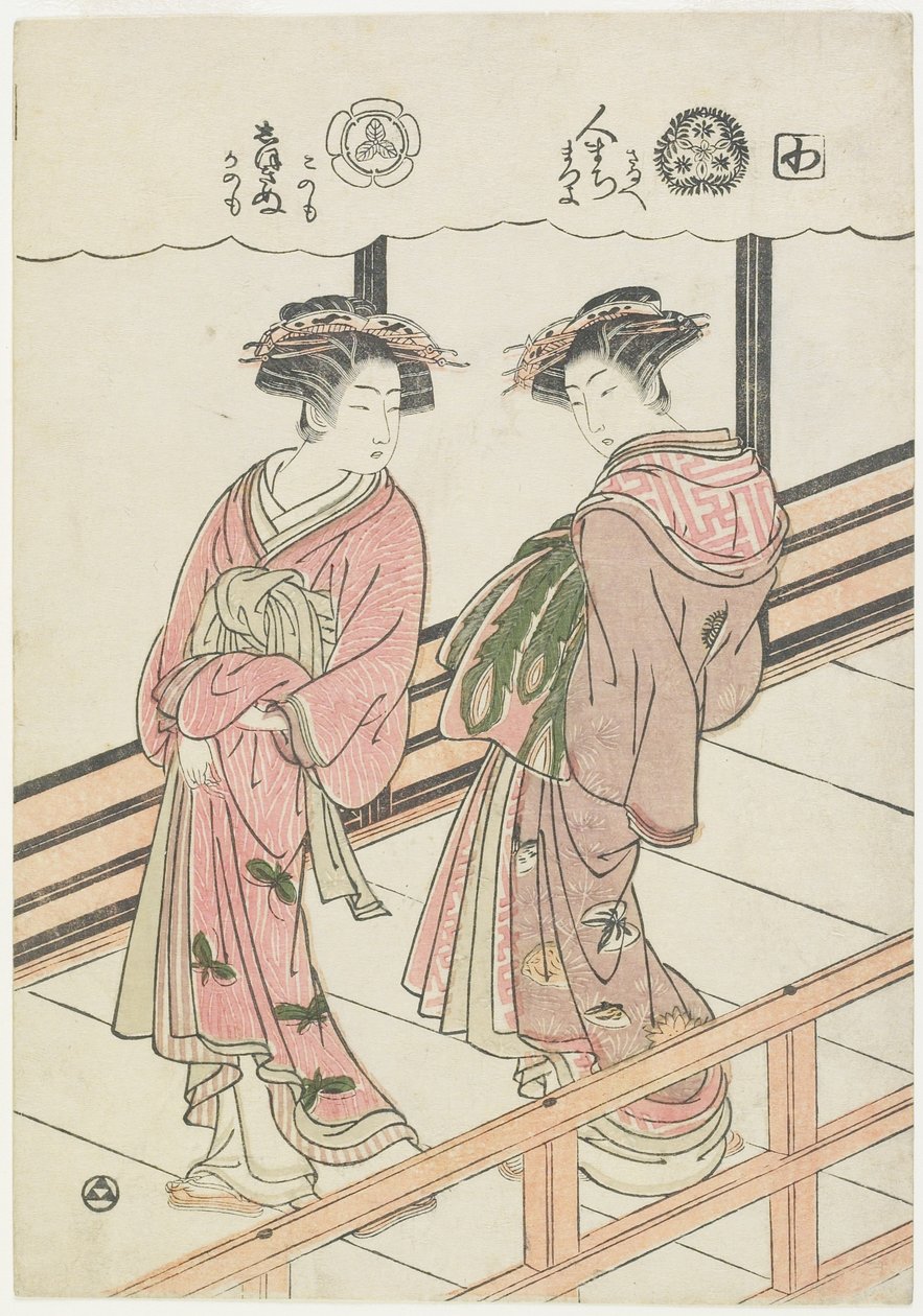 Två kurtisaner på en veranda, 1777 (trätryck i färg) av Isoda Koryusai