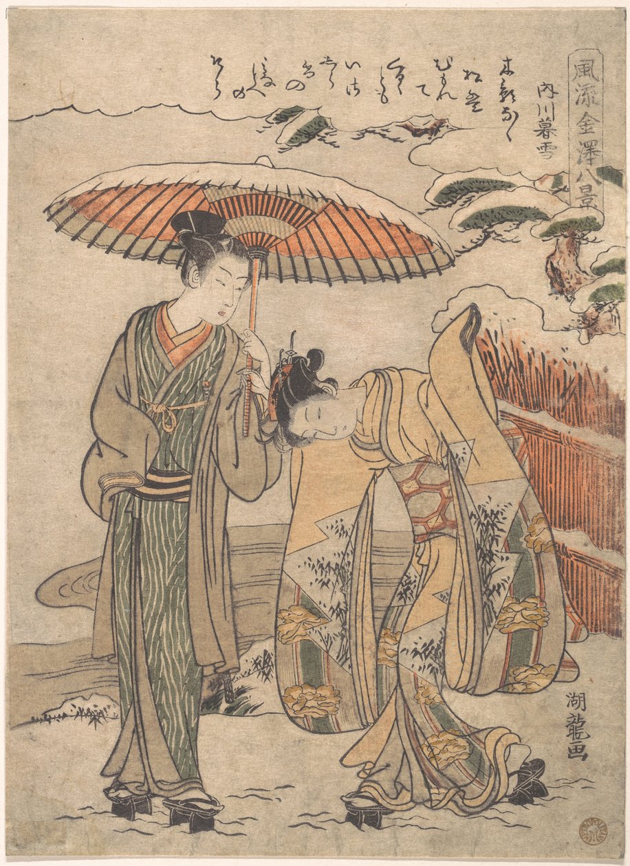 Kvällssnö vid Uchikawa av Isoda Koryusai