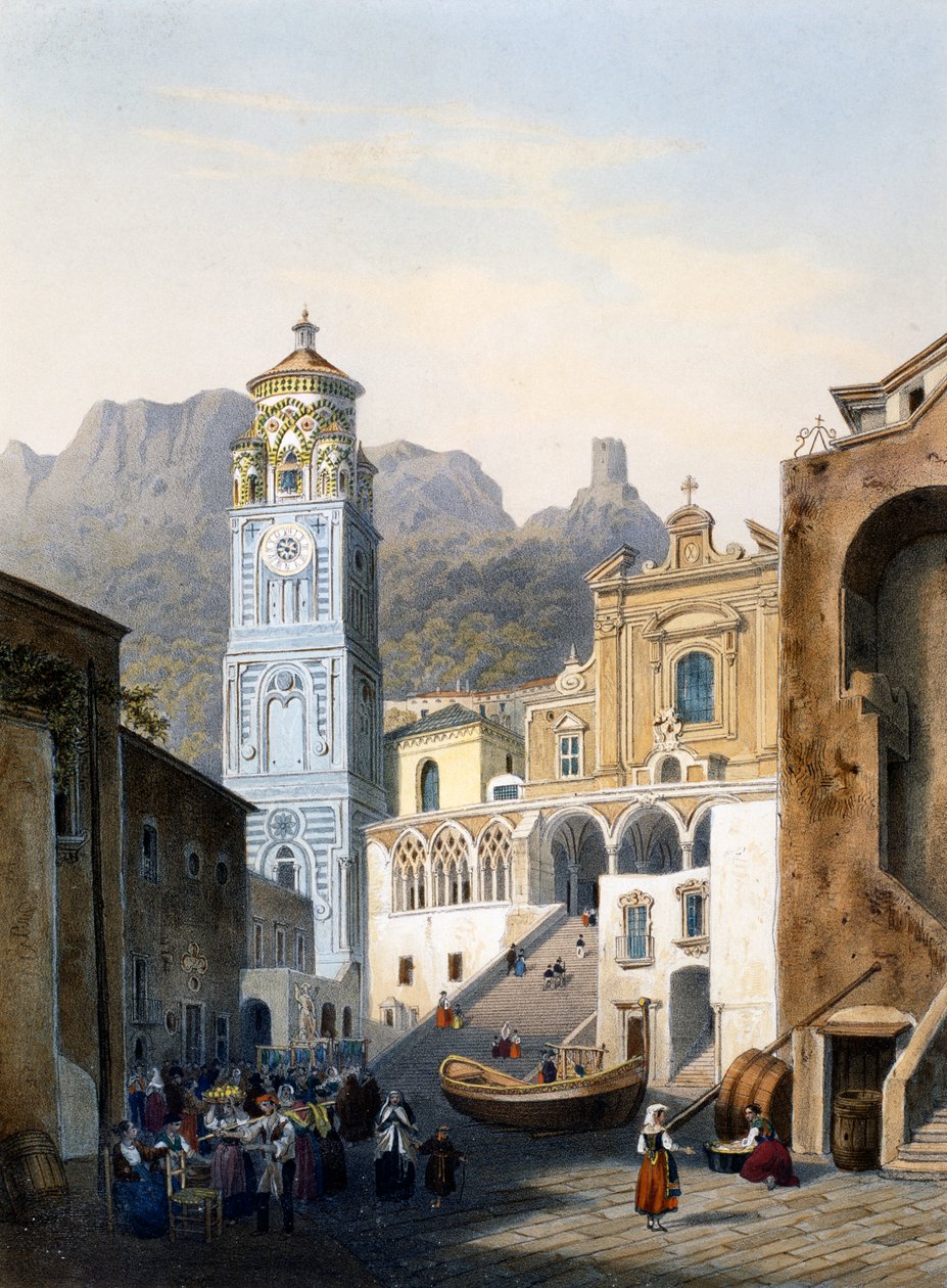 Amalfis katedral med gammal fasad (färg litho) av Isodore Laurent Deroy