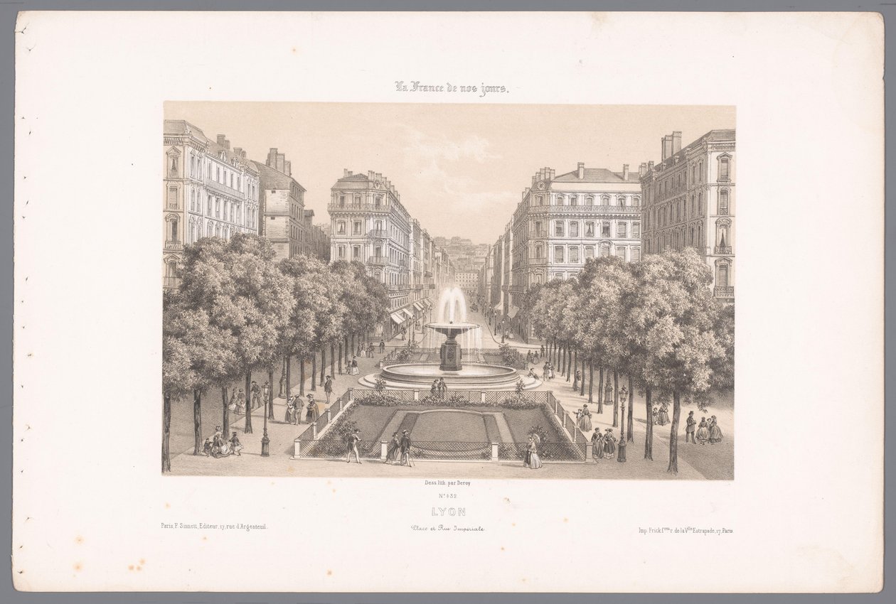 Zicht op de Place en de Rue Impériale te Lyon Lyons. Imperial Square and Street (titel på objekt) Hedendaags Frankrijk (serietitel) Frankrike nuförtiden (serietitel på objekt) av Isodore Laurent Deroy