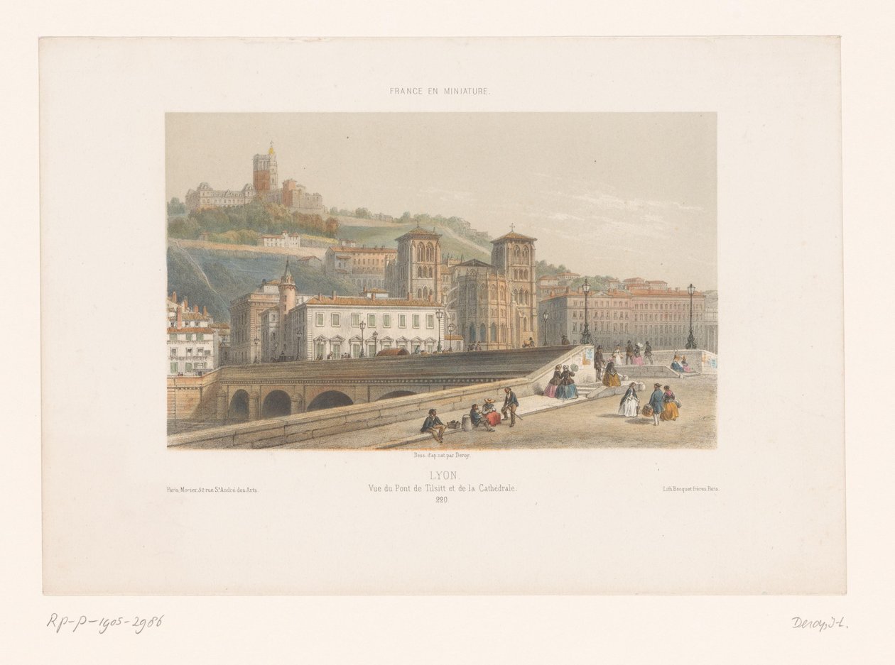 Utsikt över Pont Tilsitt och Saint-Jean-katedralen i Lyon Lyons. Vue du Pont de Tilsitt et de la Cathédrale (titel på objekt) Små ansikten i Frankrike (serietitel) France en miniature (serietitel på objekt) av Isodore Laurent Deroy